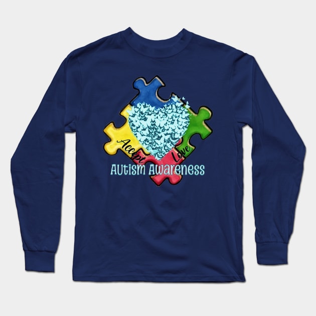 Autism Awareness Puzzle and Butterflies Design Long Sleeve T-Shirt by mythikcreationz